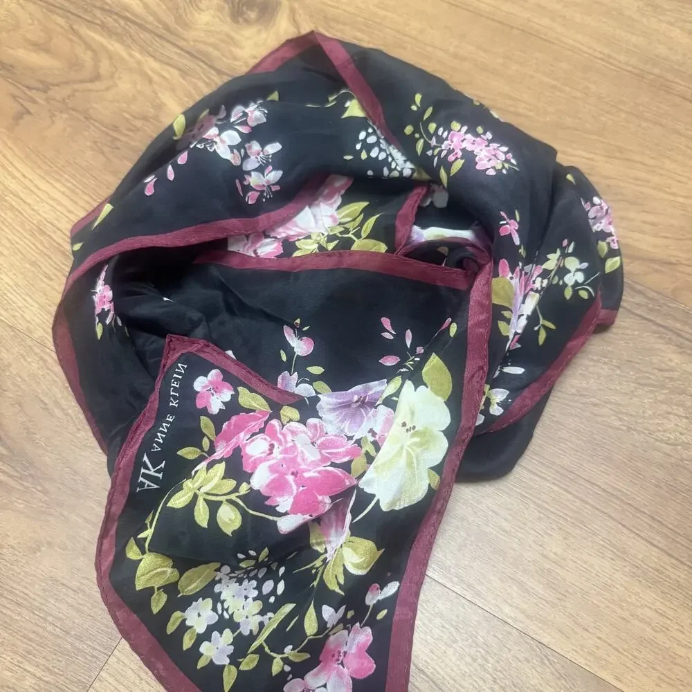 Vintage Anne‎ Klein 100% Silk scarf black pink floral signed rectangle Korea